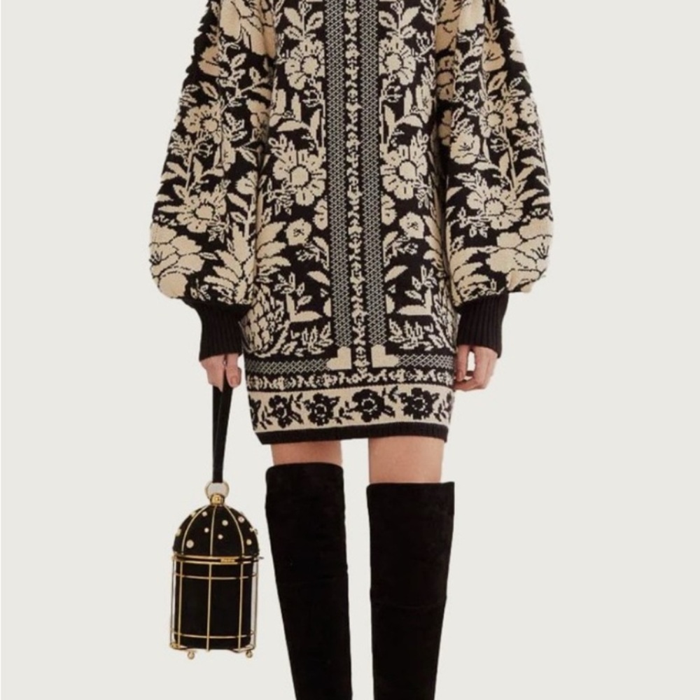 FARM Rio Black and Cream Floral Knit Dress